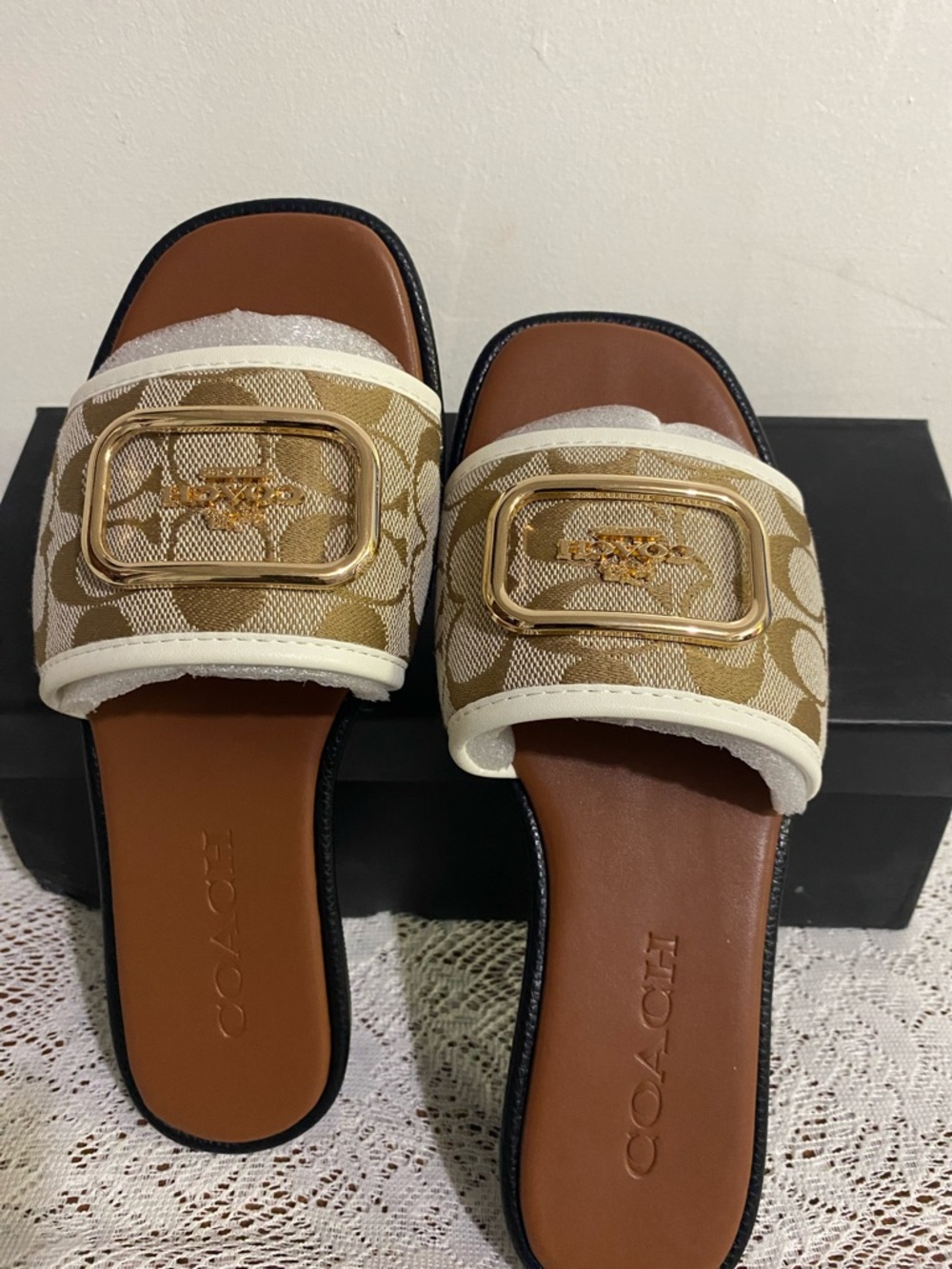 Coach Signature Slide Sandals in Beige and White with Gold Accent - Picture 2 of 9